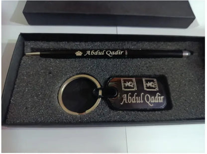 Customized name engraving pen keychain set with box