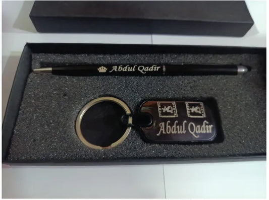 Customized name engraving pen keychain set with box