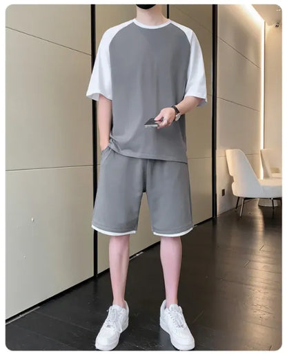 Korean Fashion 2 Piece Set Men Summer Clothes Patchwork Tracksuits Men Sports