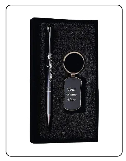 Customized name engraving pen keychain set with box