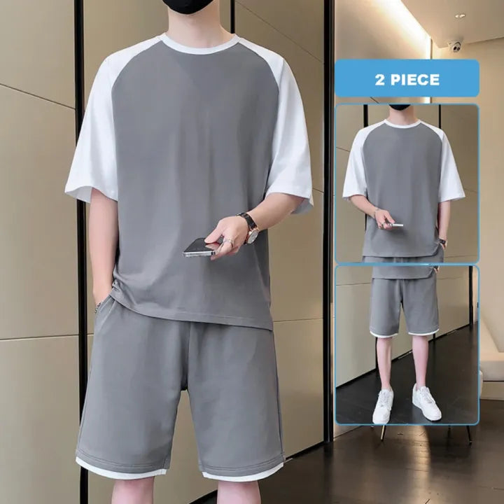 Korean Fashion 2 Piece Set Men Summer Clothes Patchwork Tracksuits Men Sports